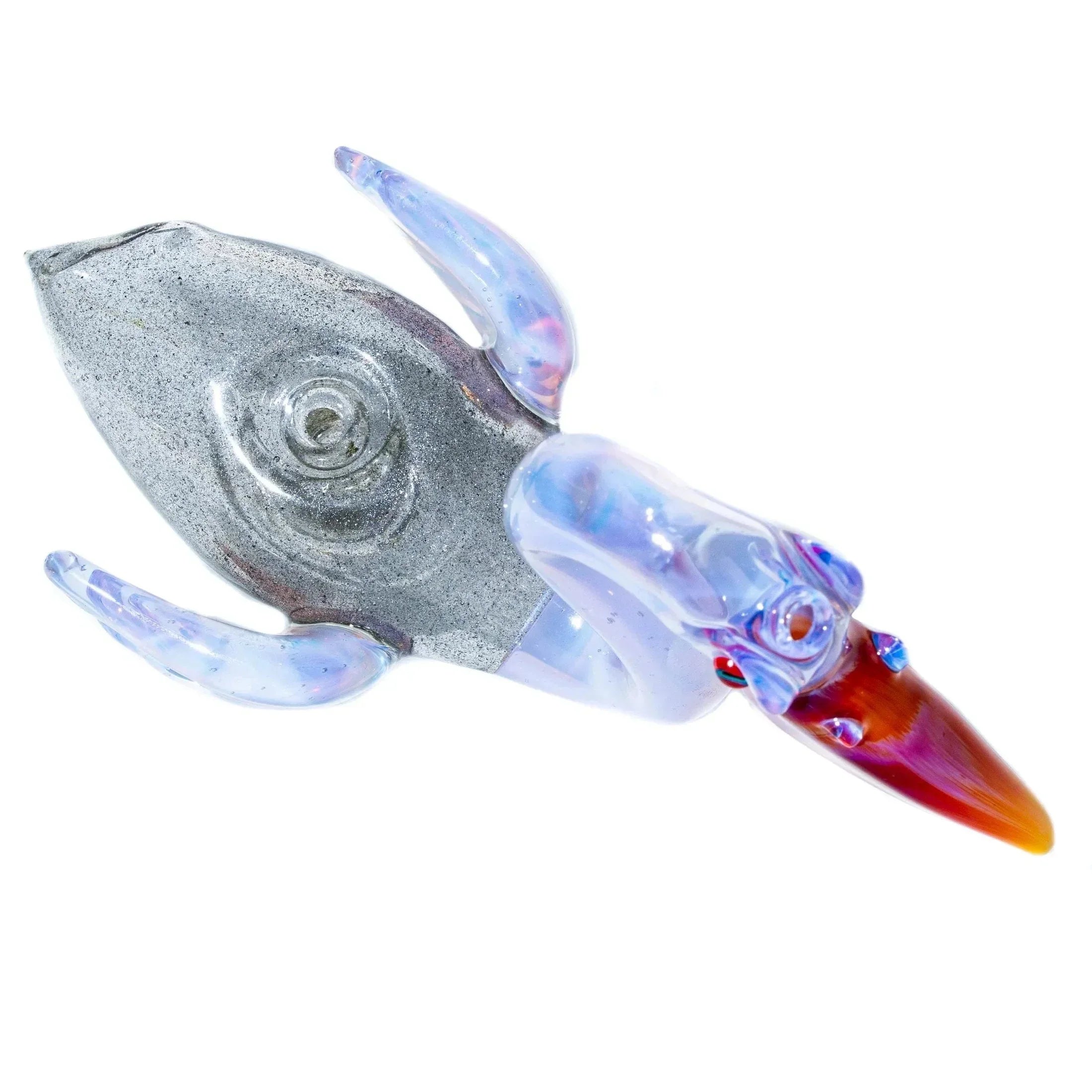 Handblown glass rocket-shaped sculpture with iridescent and metallic finishes
