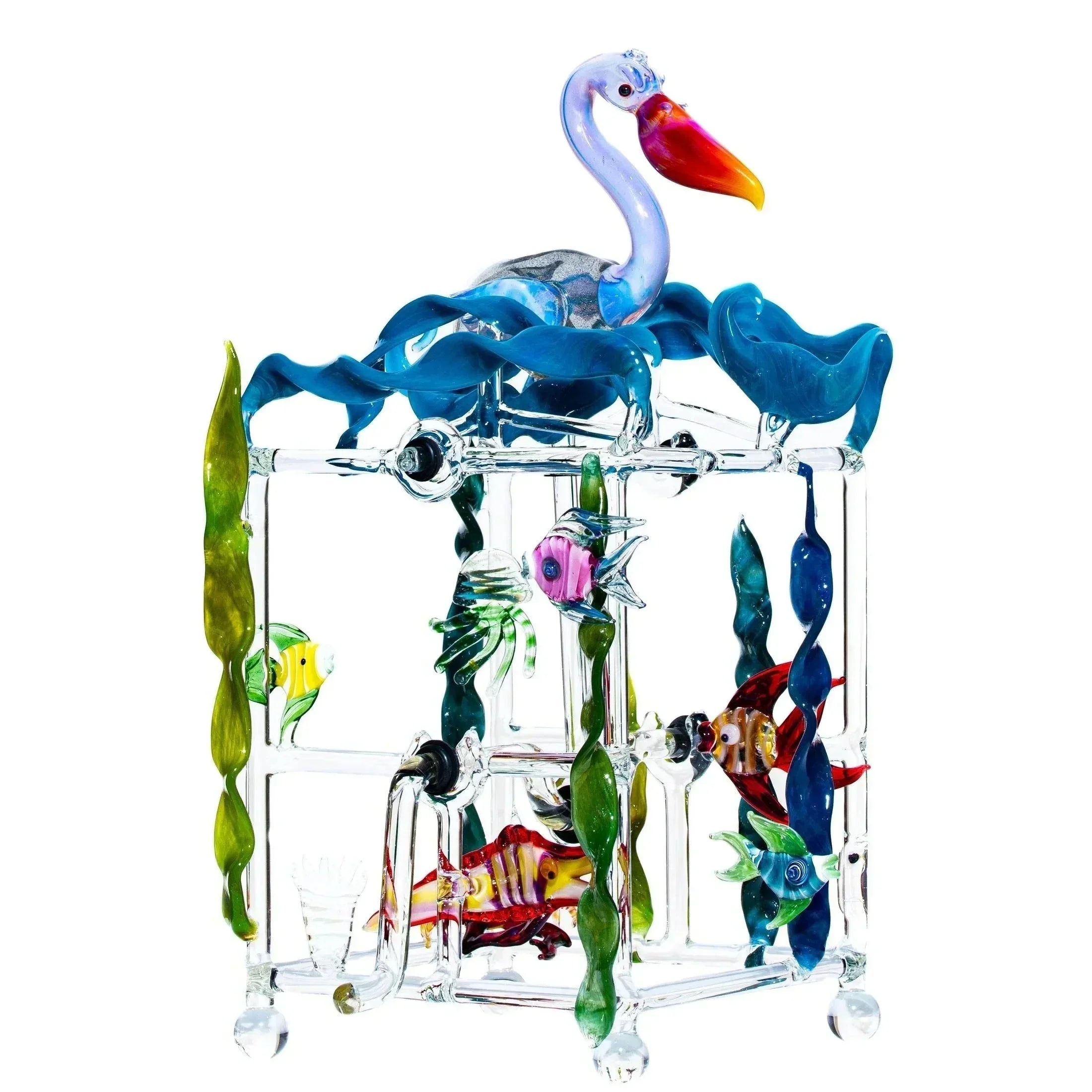 Colorful glass kinetic sculpture with pelican, aquatic plants, and fish figurines