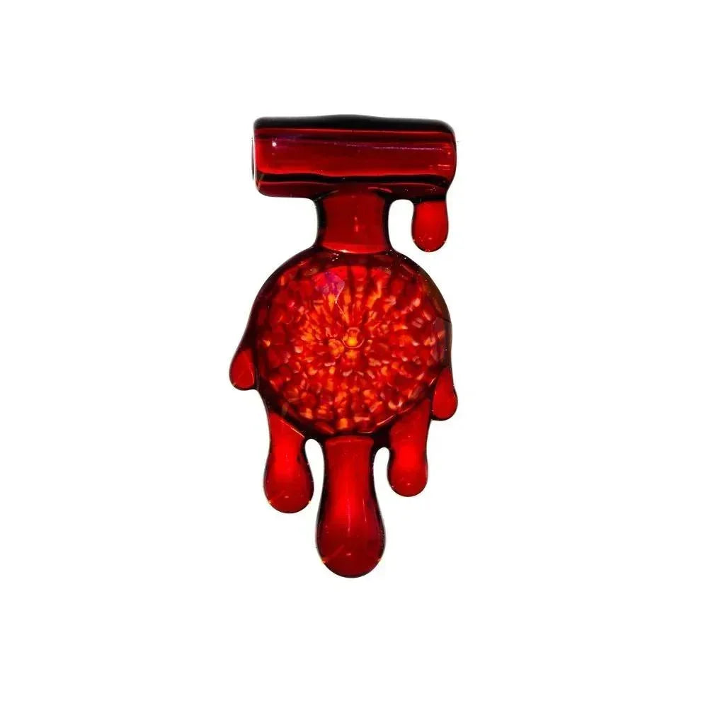 Red glass pendant with honeycomb pattern and dripping design on white background