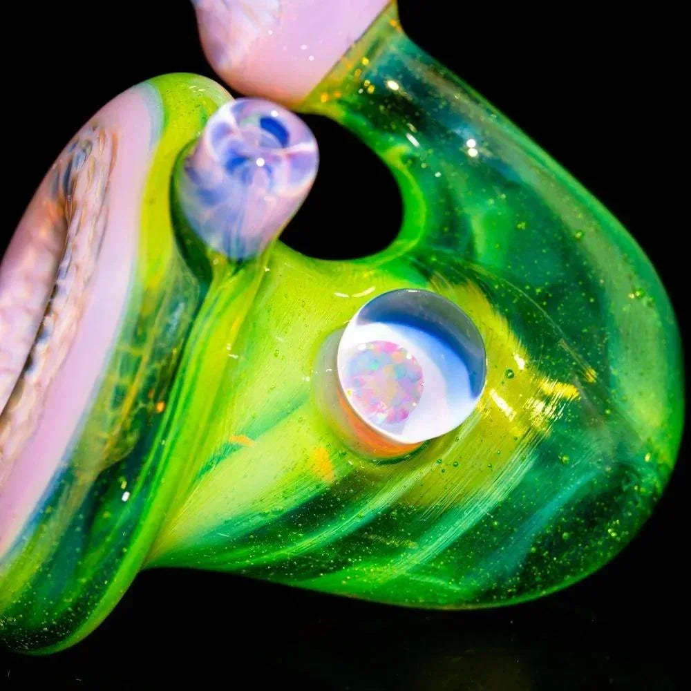 Green and pink faceted sherlock glass pipe with spiral details and opal accent
