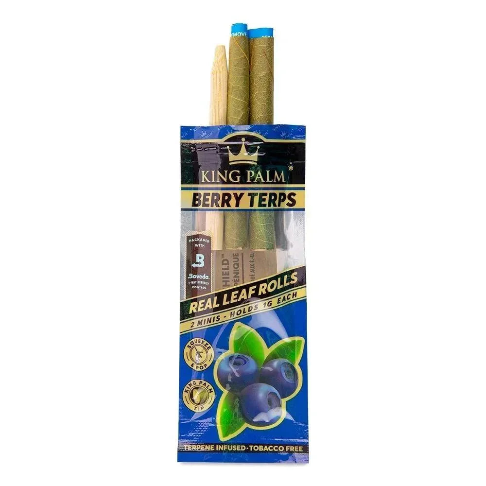 King Palm Berry Terps real leaf rolls 2-pack, tobacco free, mini size, in blue pouch