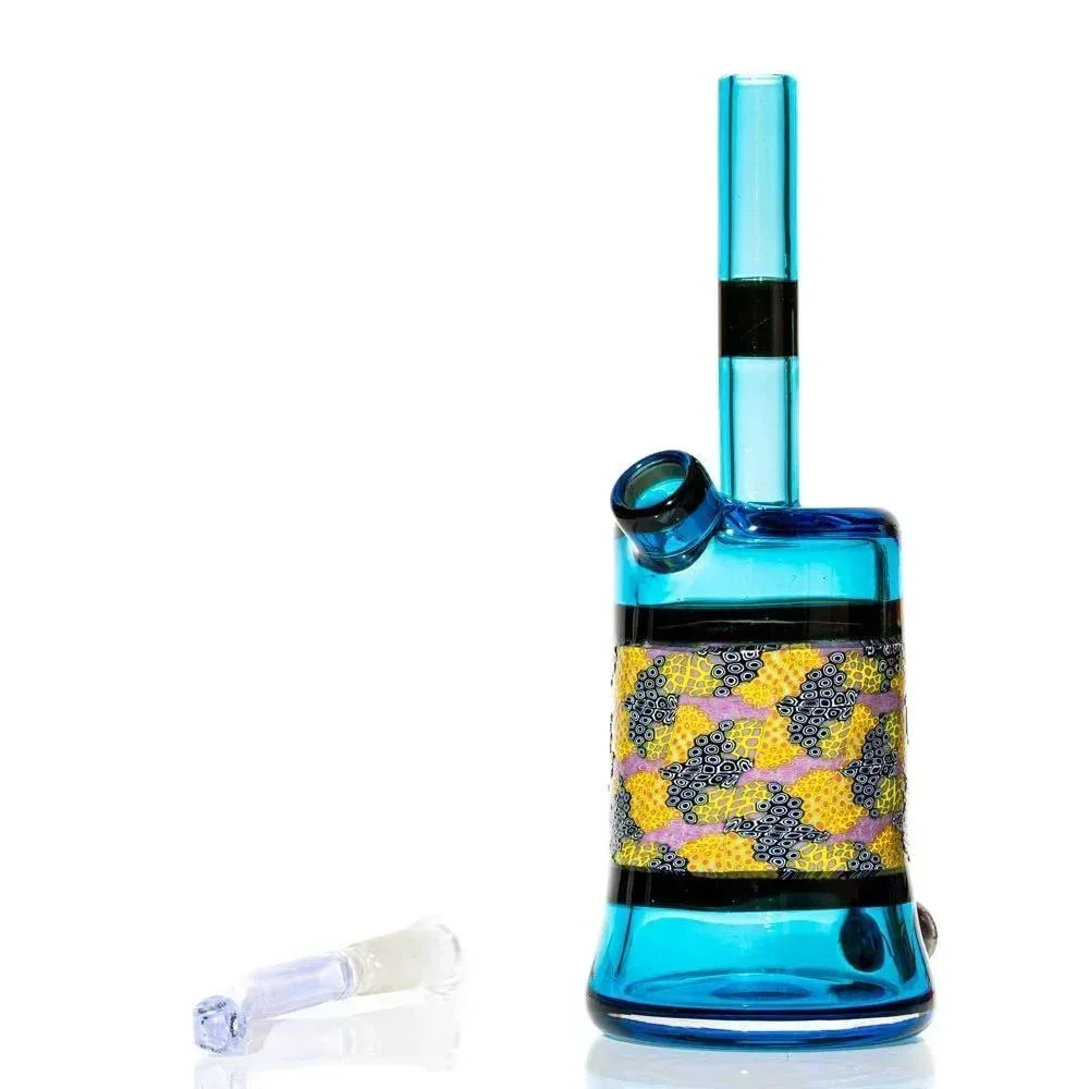 Blue glass water pipe with yellow and black murrine design, modern heady glass piece