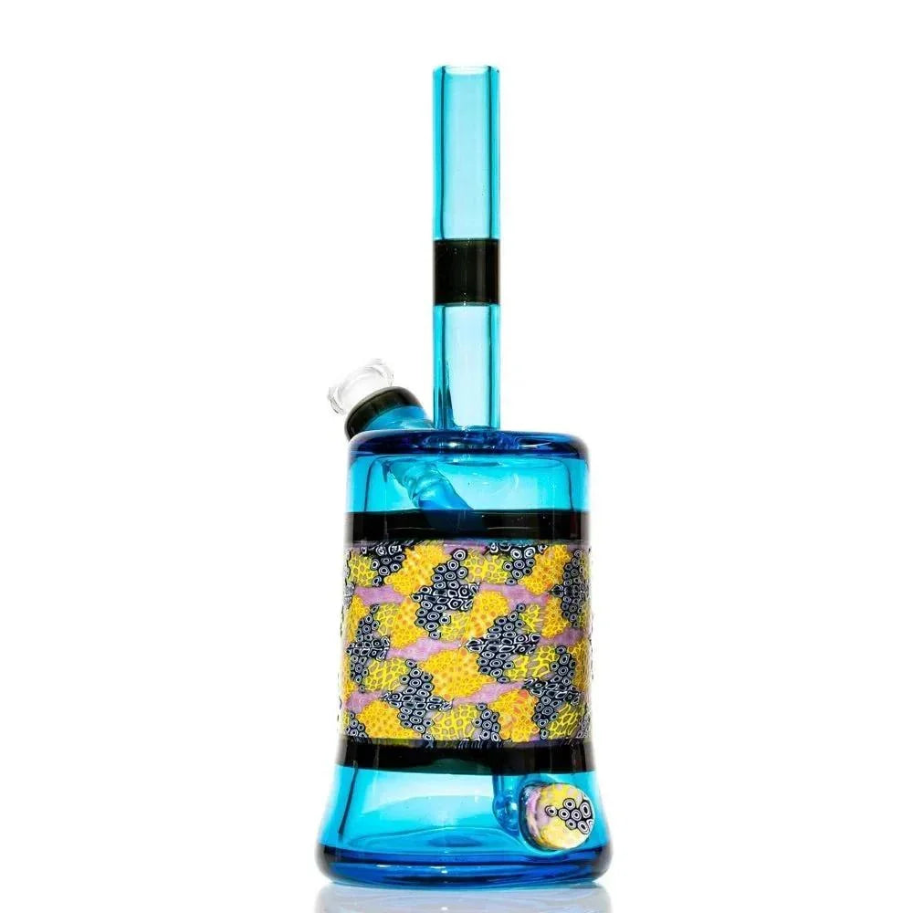 Blue glass water pipe with colorful murrine pattern and clear base, heady glass art piece