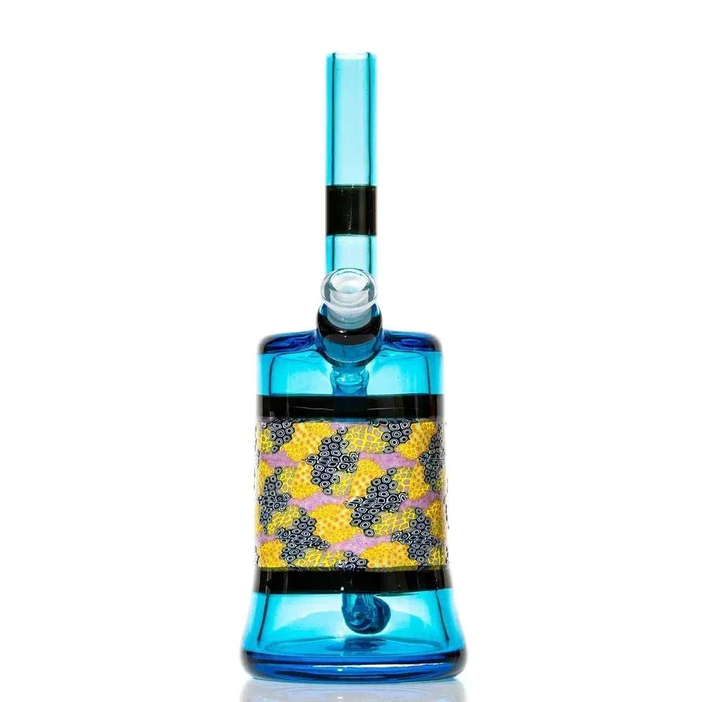 Blue glass water pipe with colorful murrine pattern and cylindrical mouthpiece