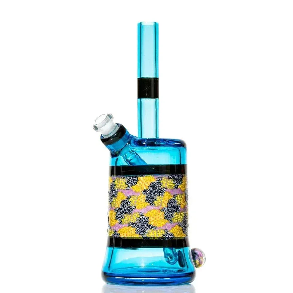 Blue glass water pipe with colorful murrine pattern and straight neck design
