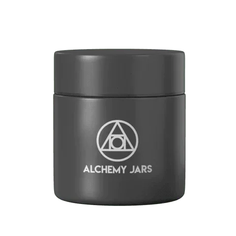 Matte black airtight stash jar with geometric logo and 'Alchemy Jars' text on front