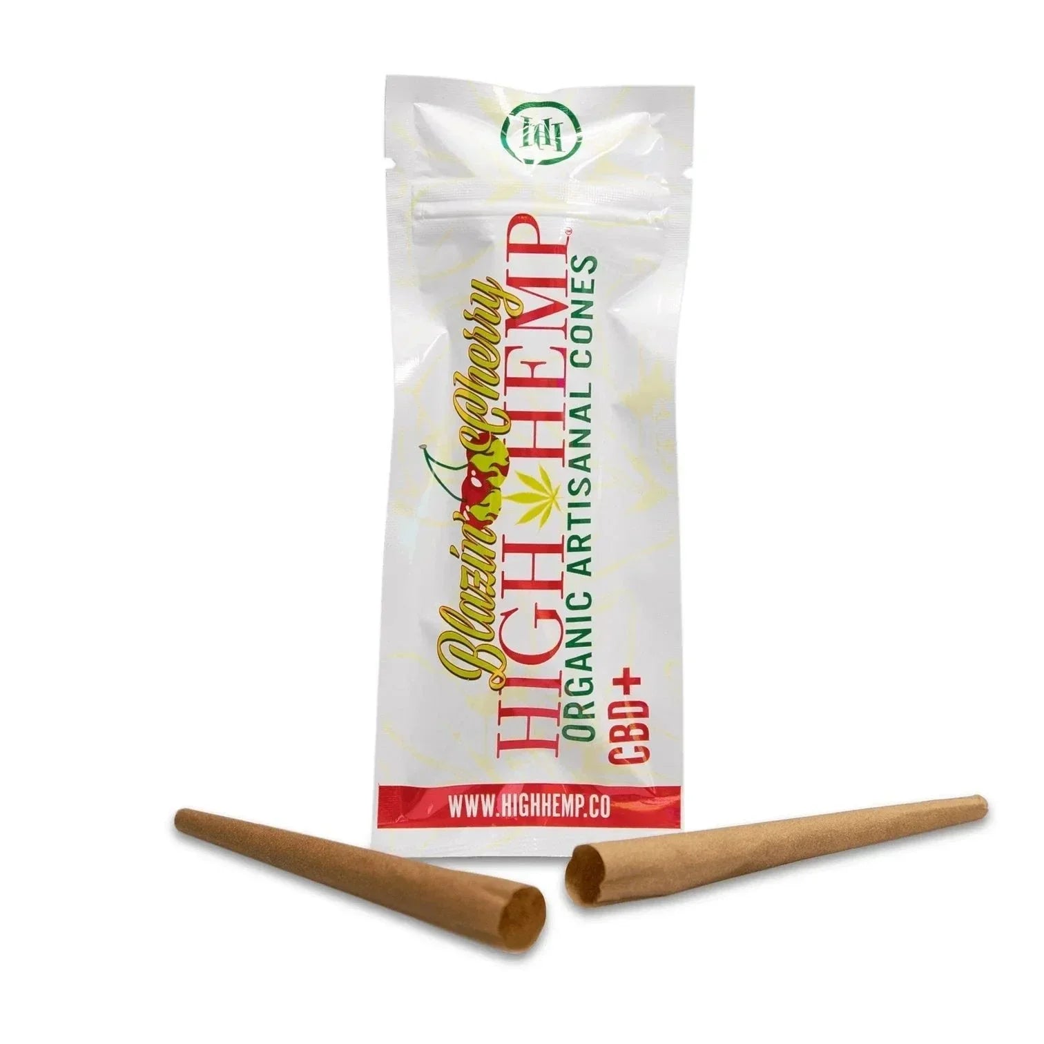 High Hemp Blazin' Cherry organic artisanal cones with CBD, two empty pre-rolled cones shown.