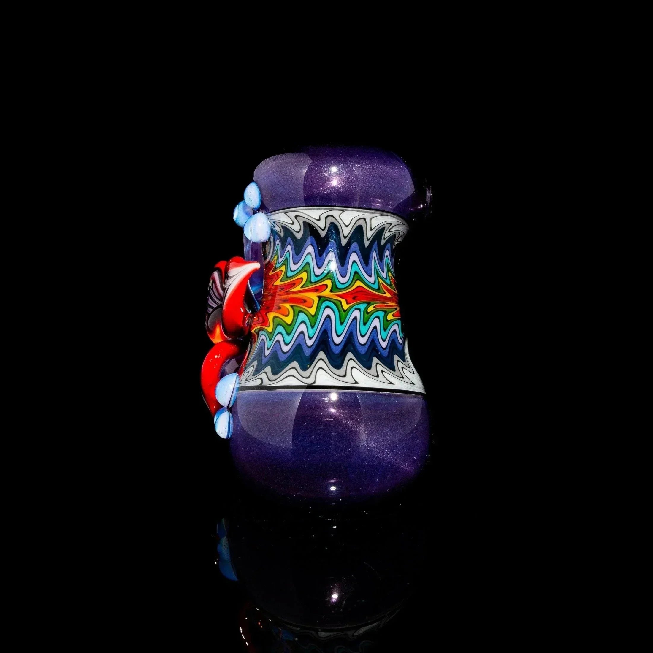 Purple glass smoking hammer with colorful linework and flower design on black background