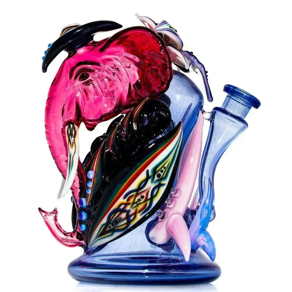Colorful glass recycler water pipe with pink elephant head and artistic patterns