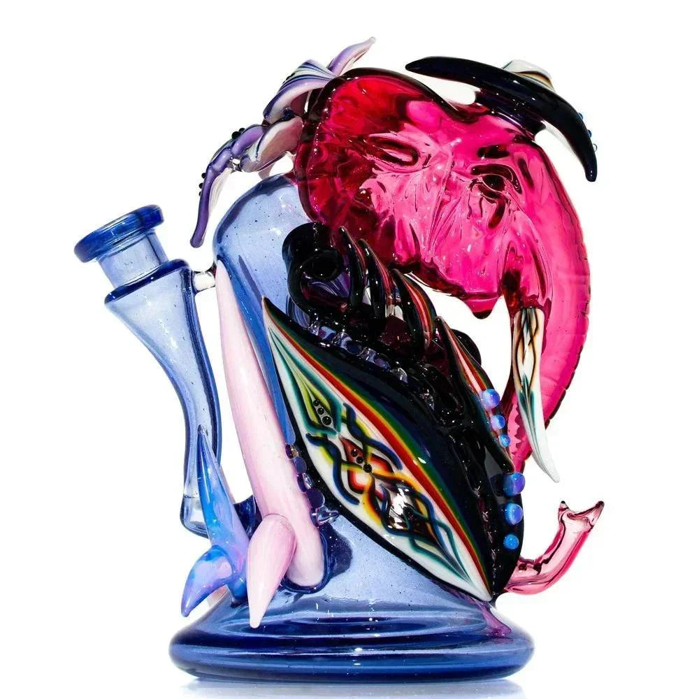 Colorful elephant-themed glass water pipe with intricate artistic details and abstract patterns.