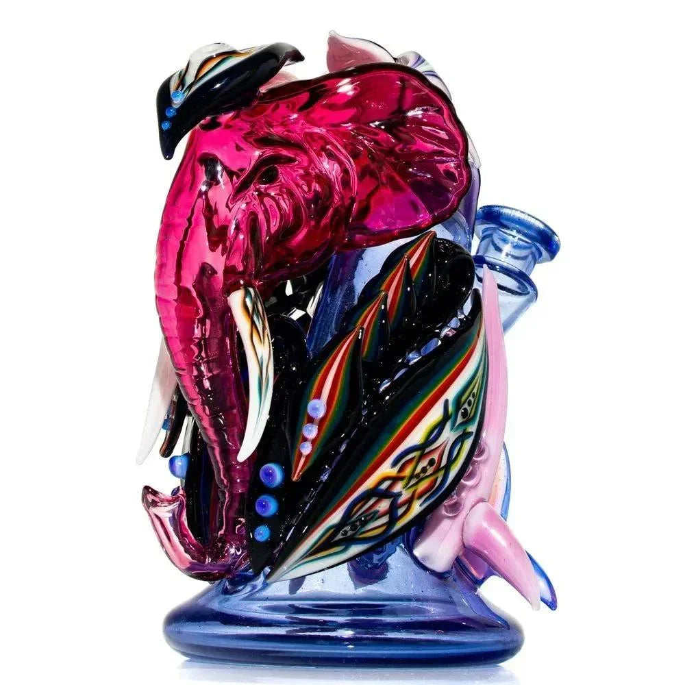 Colorful glass elephant recycler water pipe with intricate patterns and artistic details.