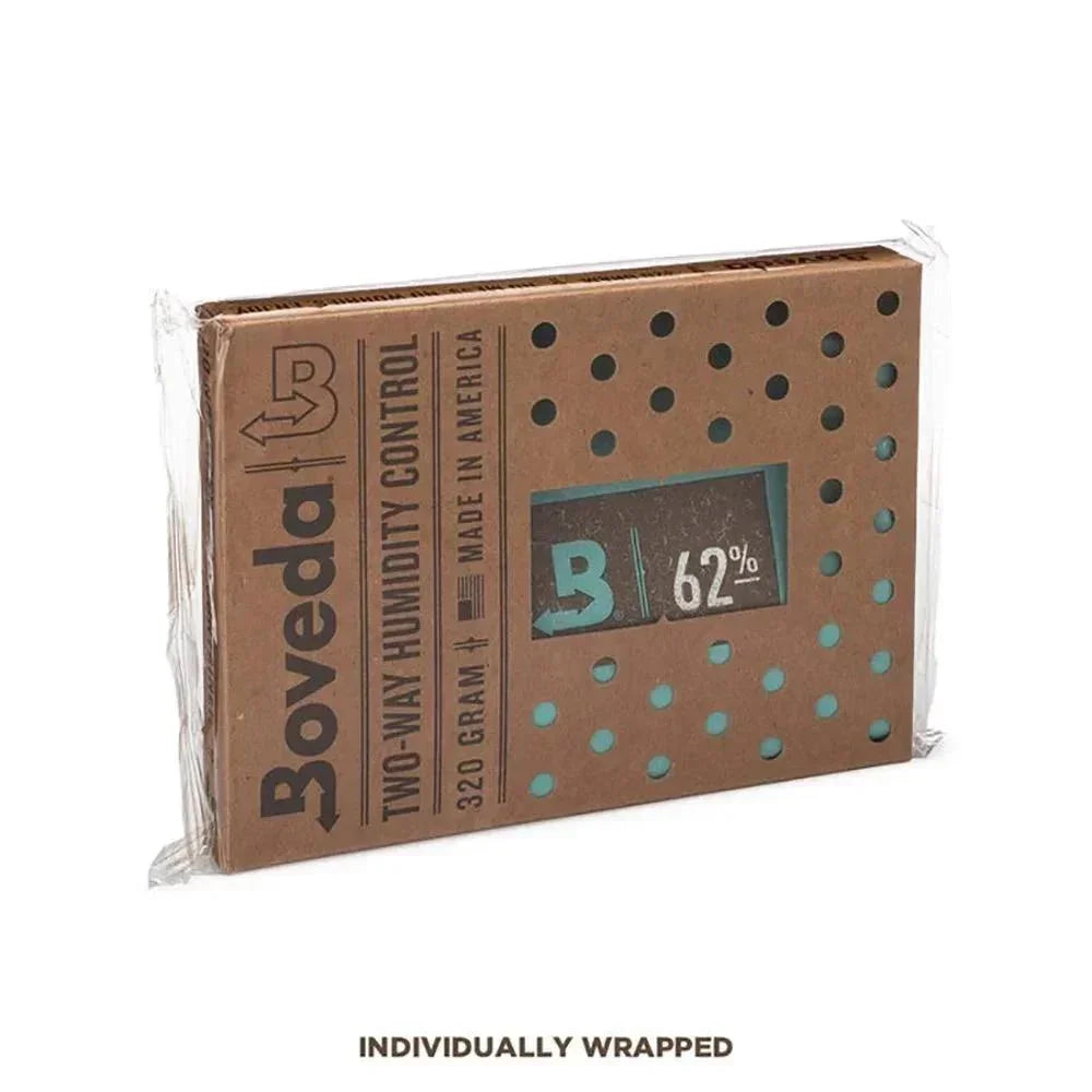 Boveda 320 gram 62% two-way humidity control pack in brown perforated packaging