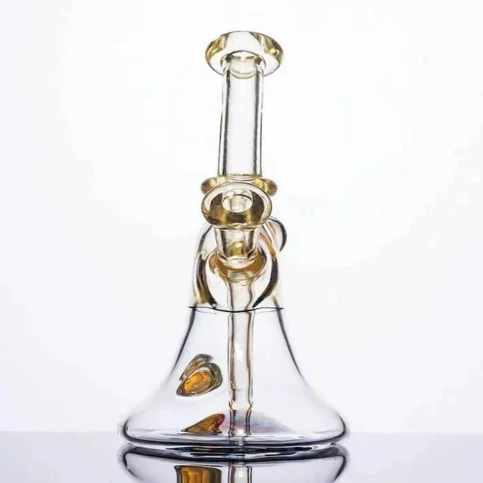 Clear glass bong with amber accents and intricate percolator design, ideal for heady glass collectors.