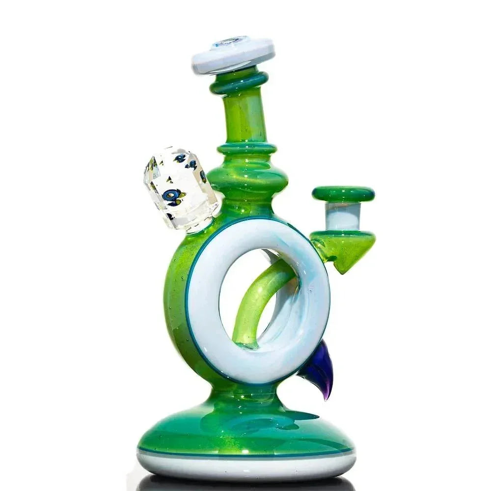 Green and white glass water pipe with unique circular design and colorful accents