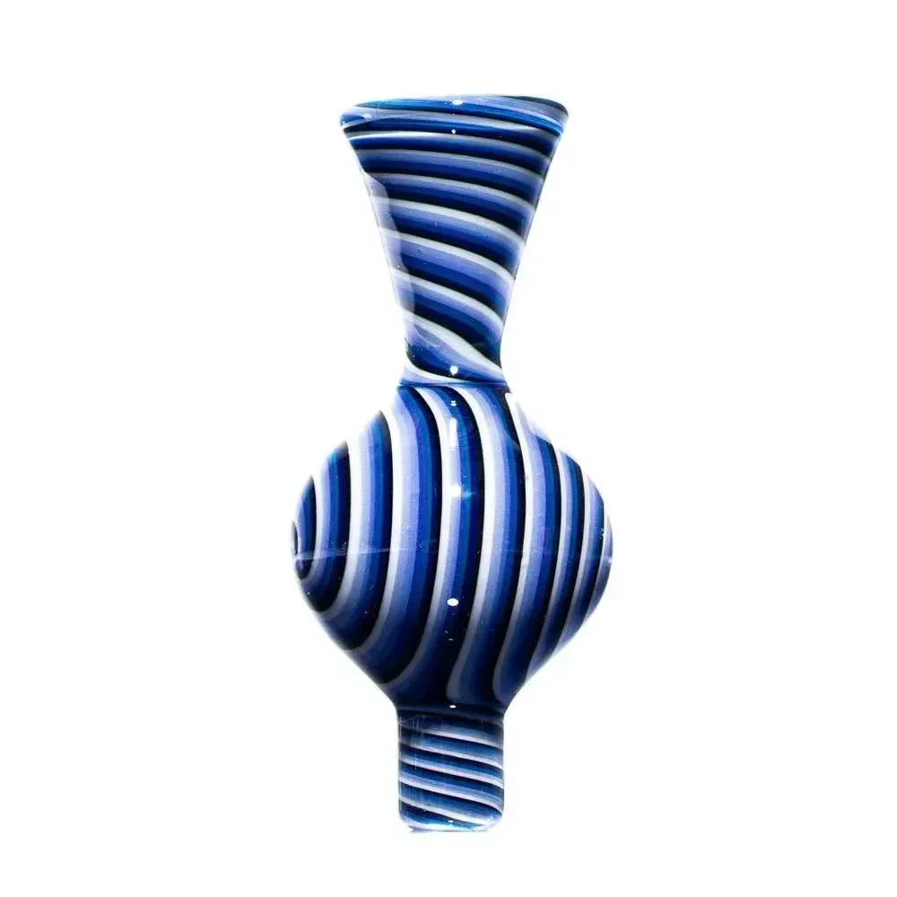 Blue and white striped glass bubble cap with a curvy shape on a white background