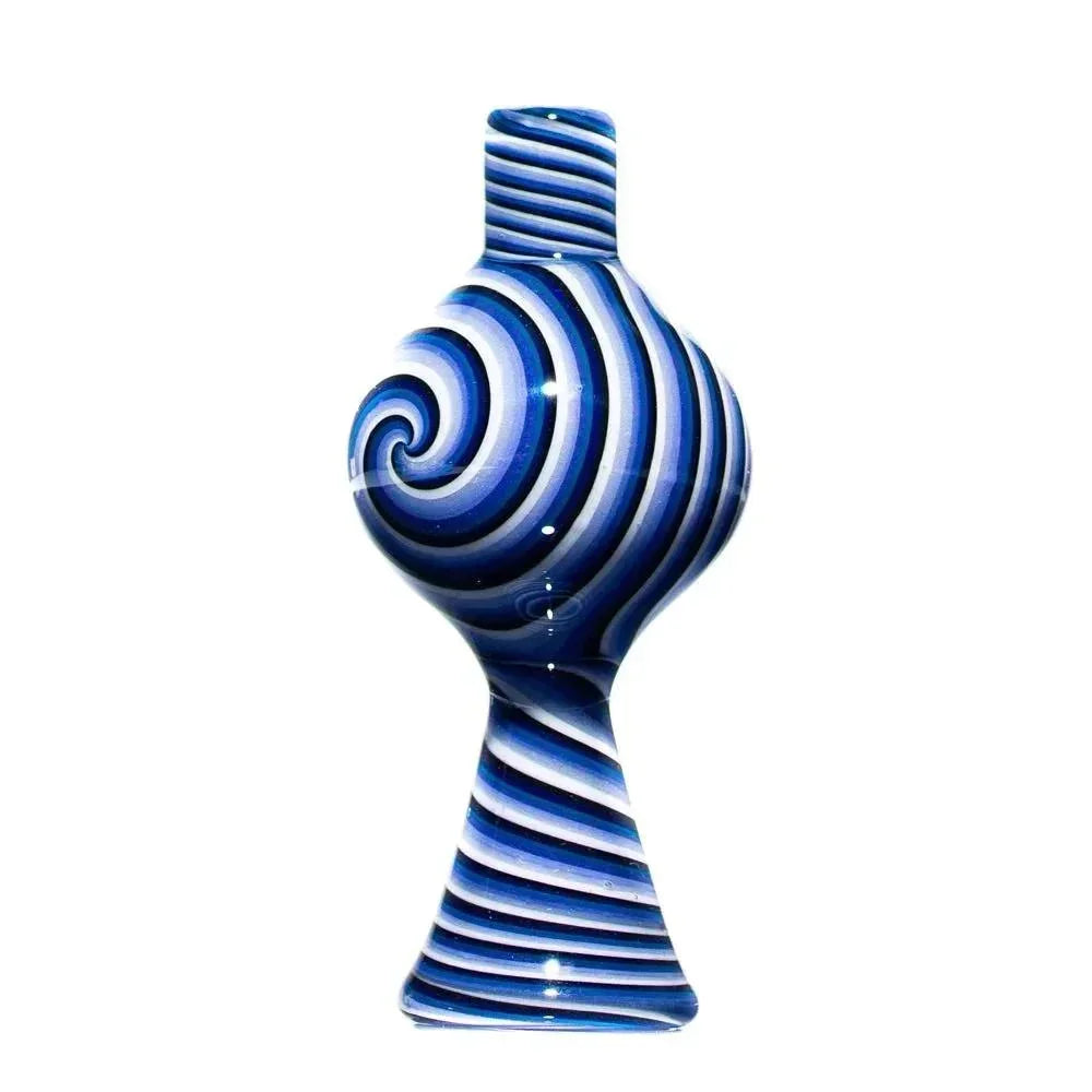 Blue and white striped glass bubble cap with spiral design for dab rigs or vaporizers