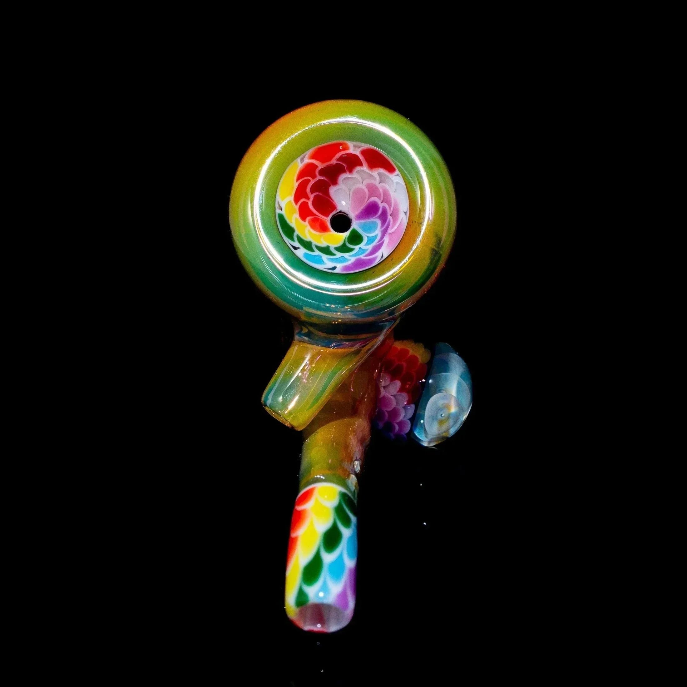 Colorful glass rainbow dotstack rig and sherlock cap set with vibrant swirl pattern
