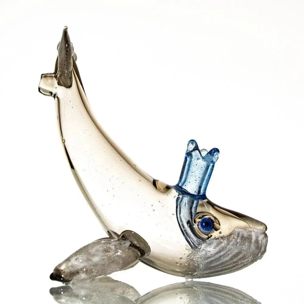 Handblown glass humpback whale sculpture with blue crown, art glass collectible