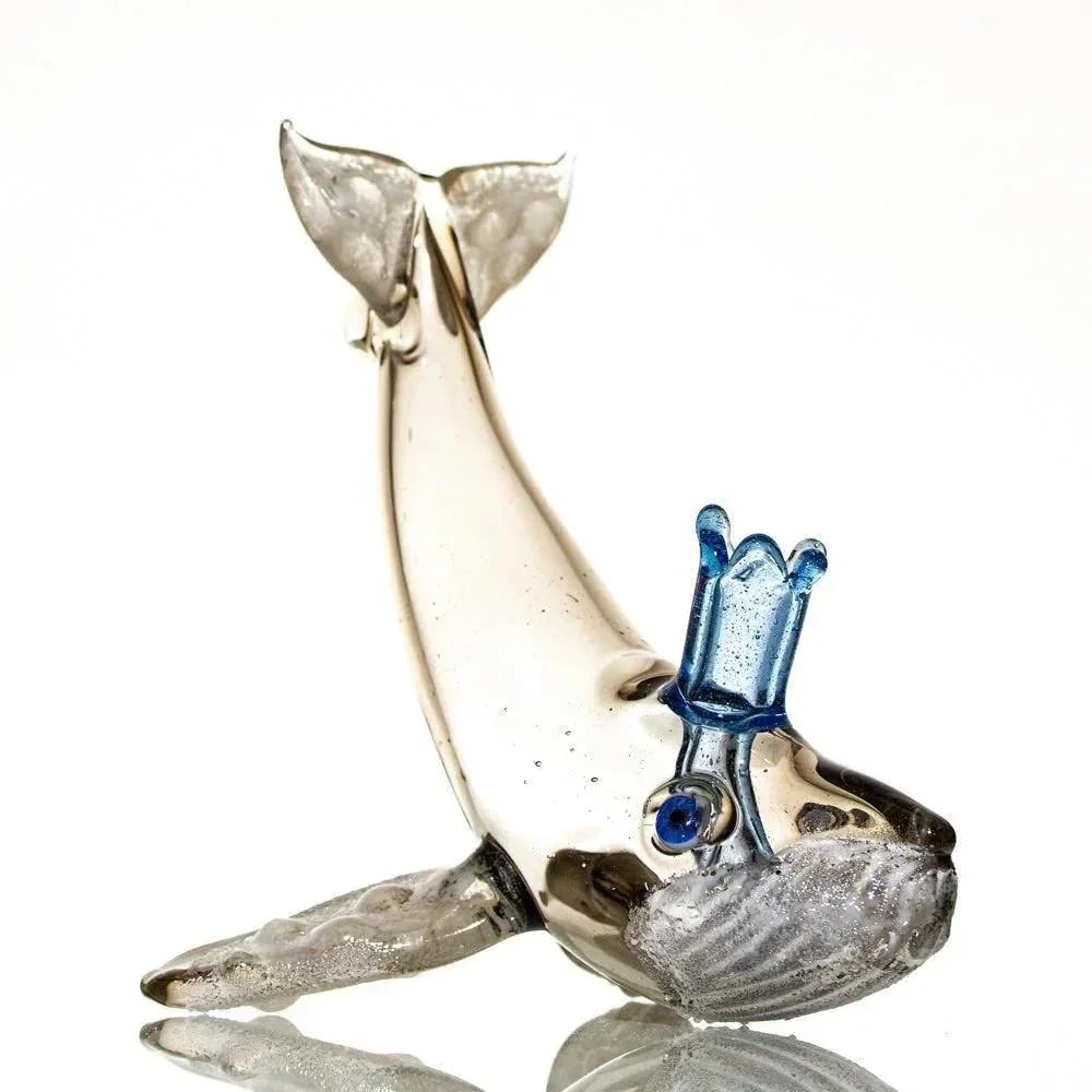 Handblown glass whale pipe with blue mouthpiece and intricate clear details