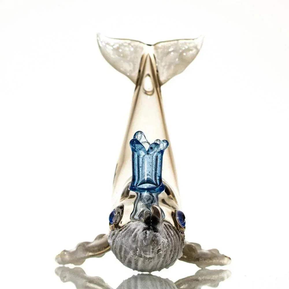Hand-blown glass whale pipe with blue details, unique artistic smoking accessory