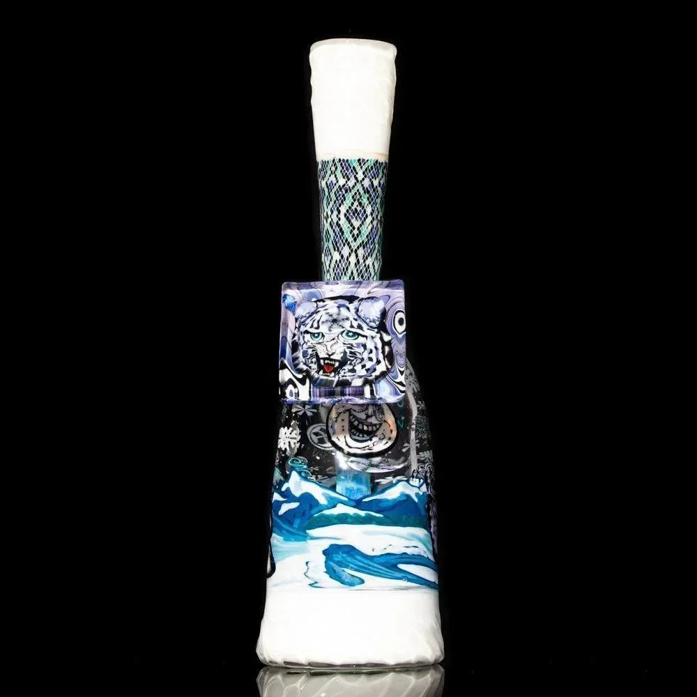 Heady glass water pipe with blue, white, and black patterns and a snow leopard design