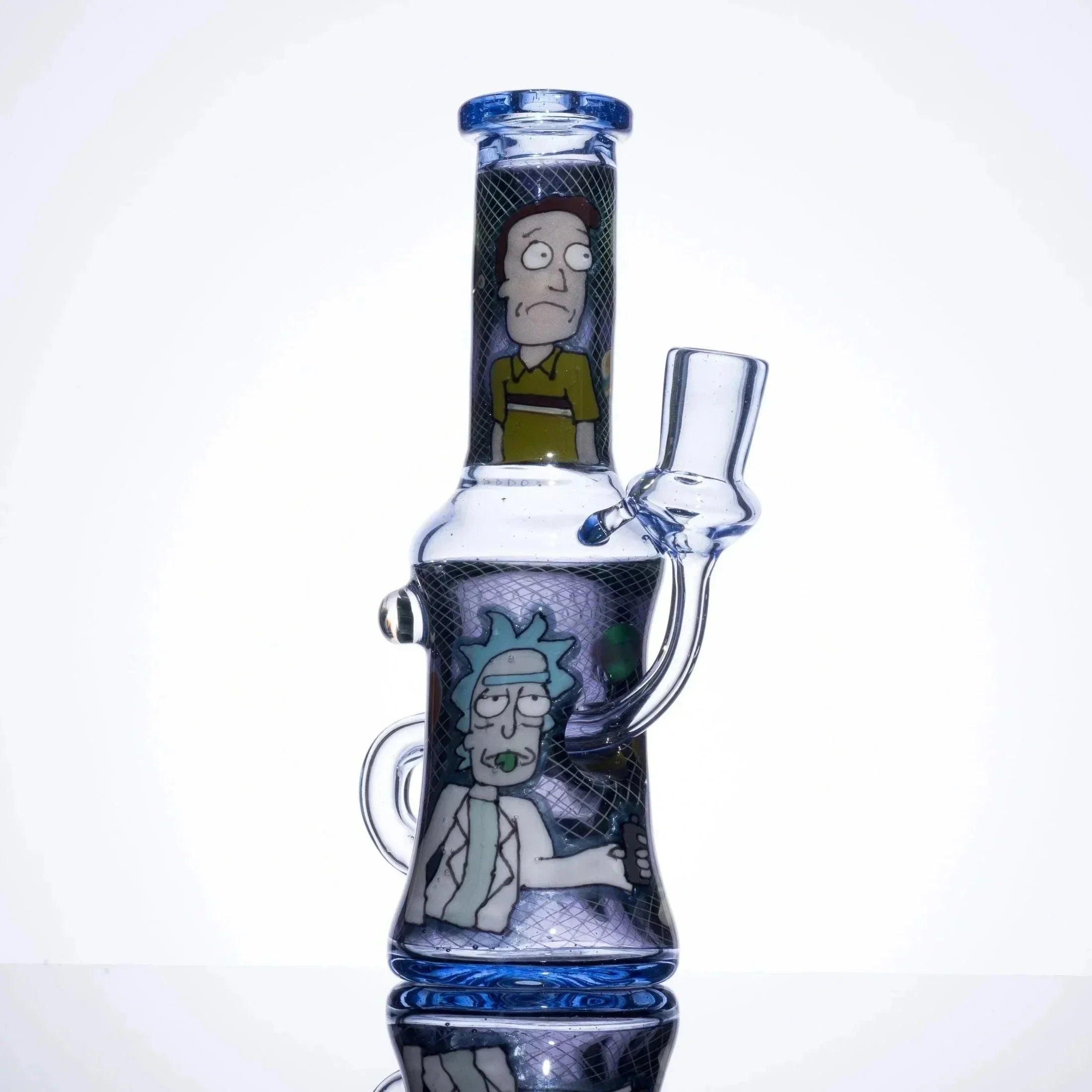 Rick and Morty themed glass bong with character artwork, blue accents, and intricate design details