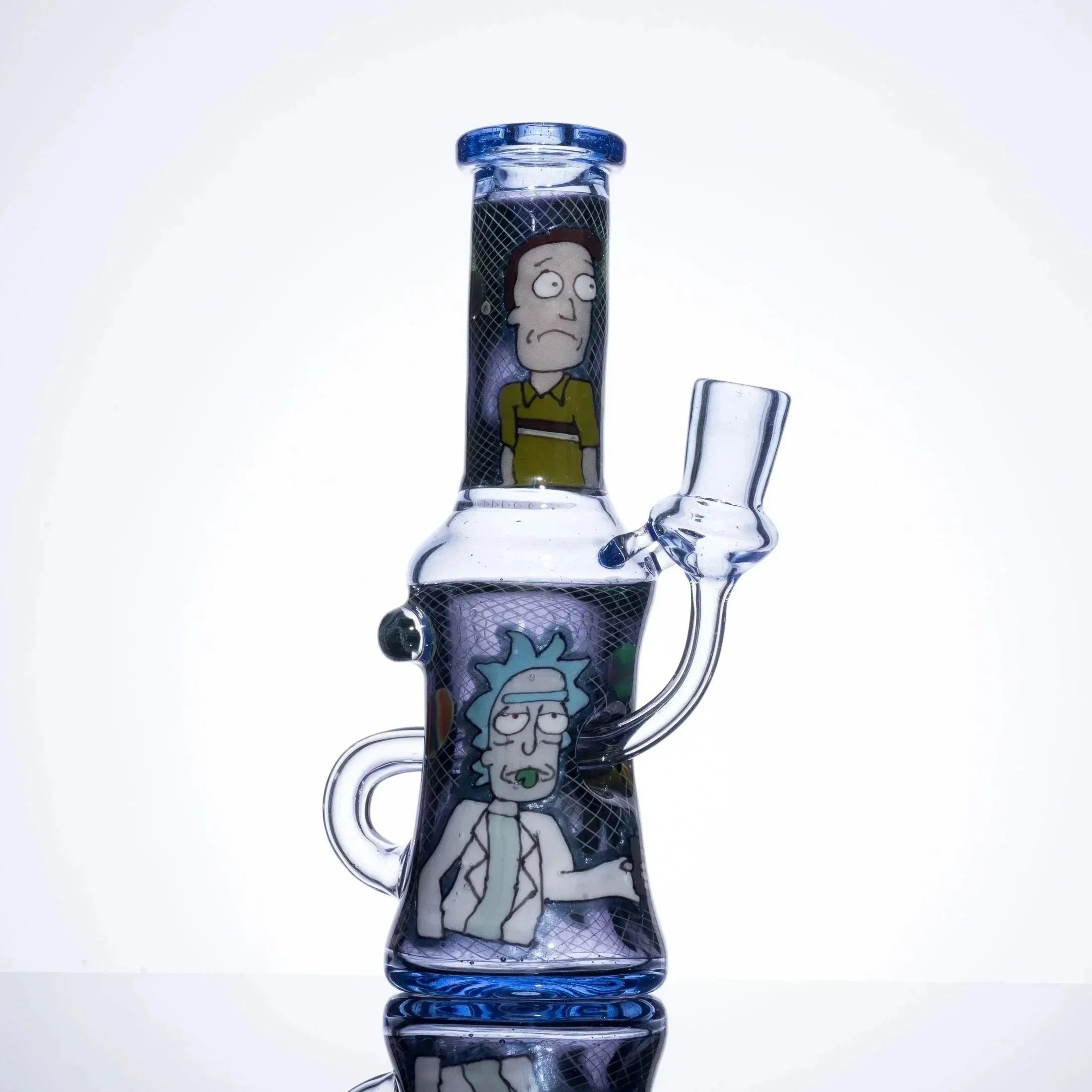 Rick and Morty themed glass bong with character artwork, blue accents, and mesh design