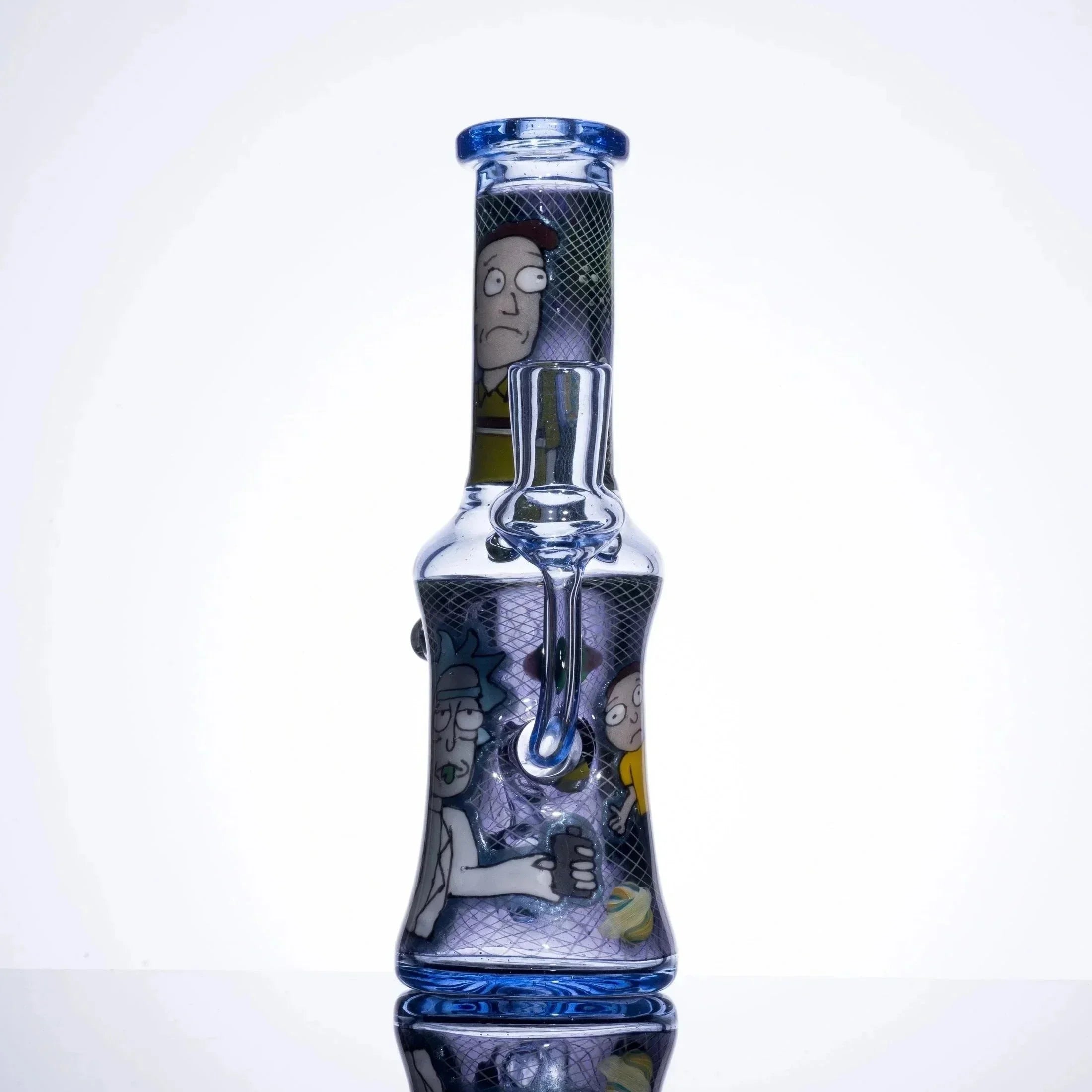 Rick and Morty themed glass bong with blue accents and character artwork, heady glass piece