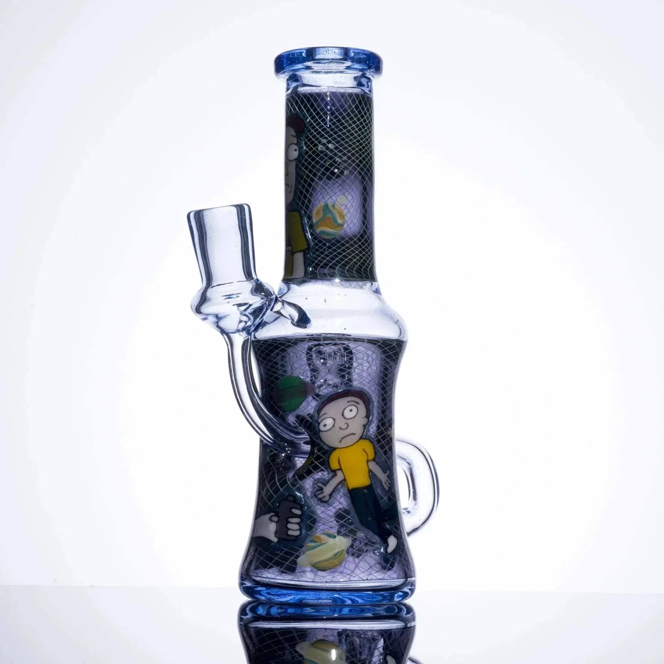 Rick and Morty themed glass bong with blue accents and character artwork, heady glass piece