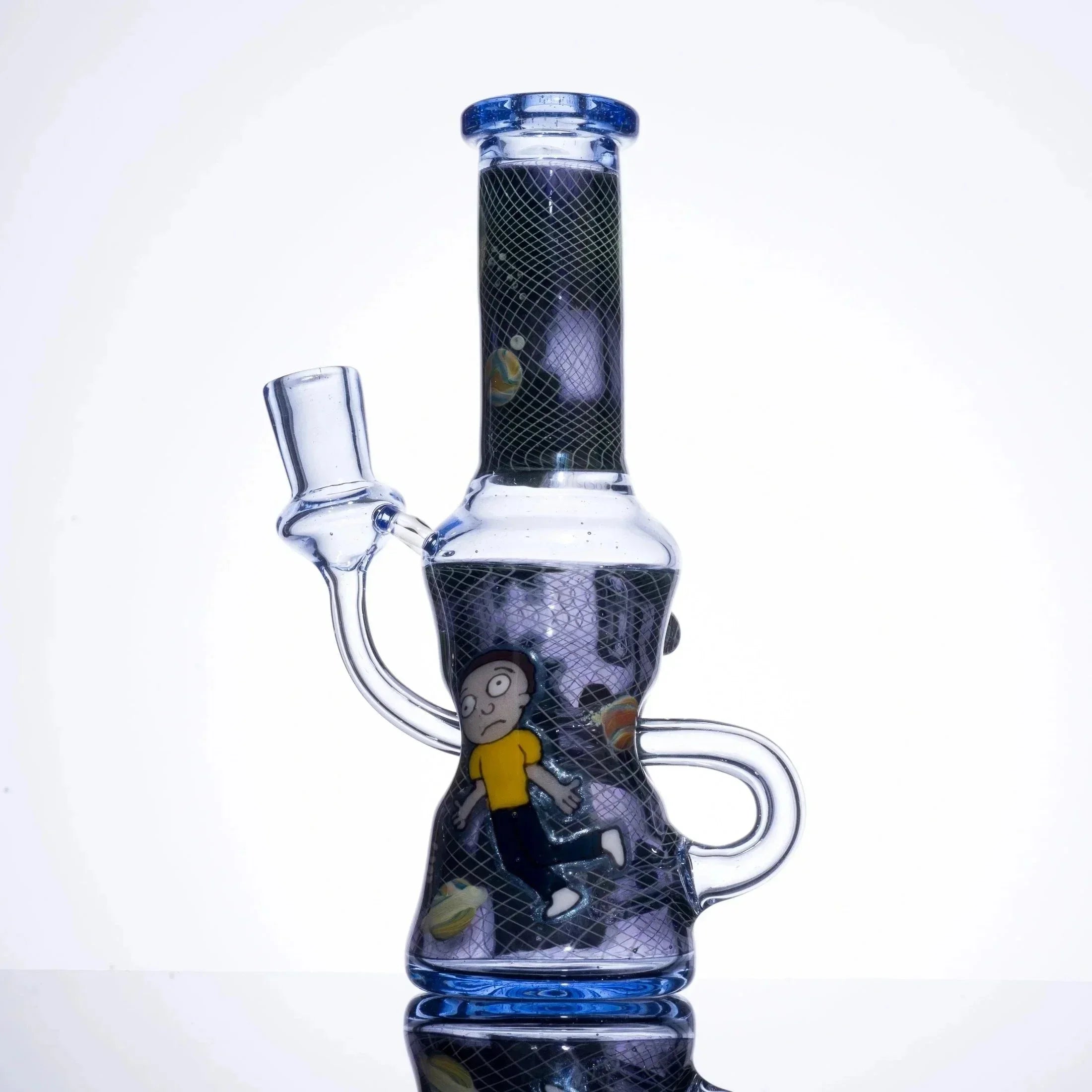 Hand-blown glass bong with Rick and Morty design, space theme, blue accents, and mesh pattern