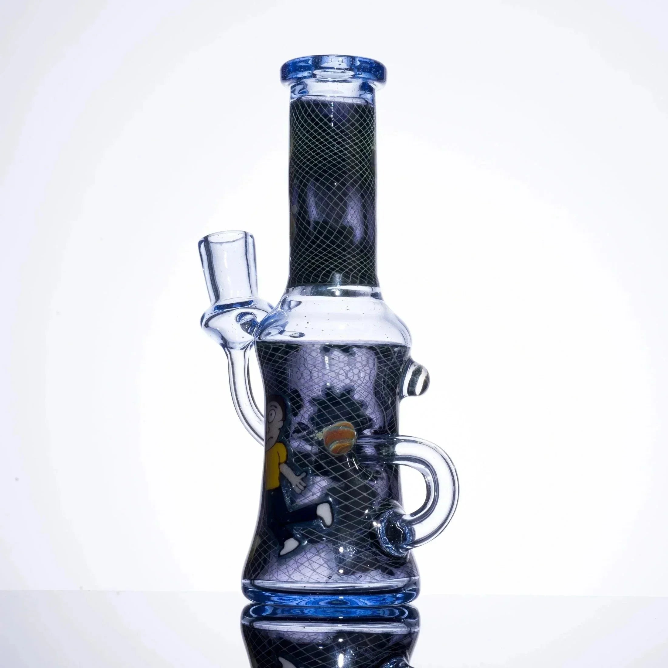 Blue and clear glass bong with black net pattern and cartoon character, featuring dual handles and mouthpiece.
