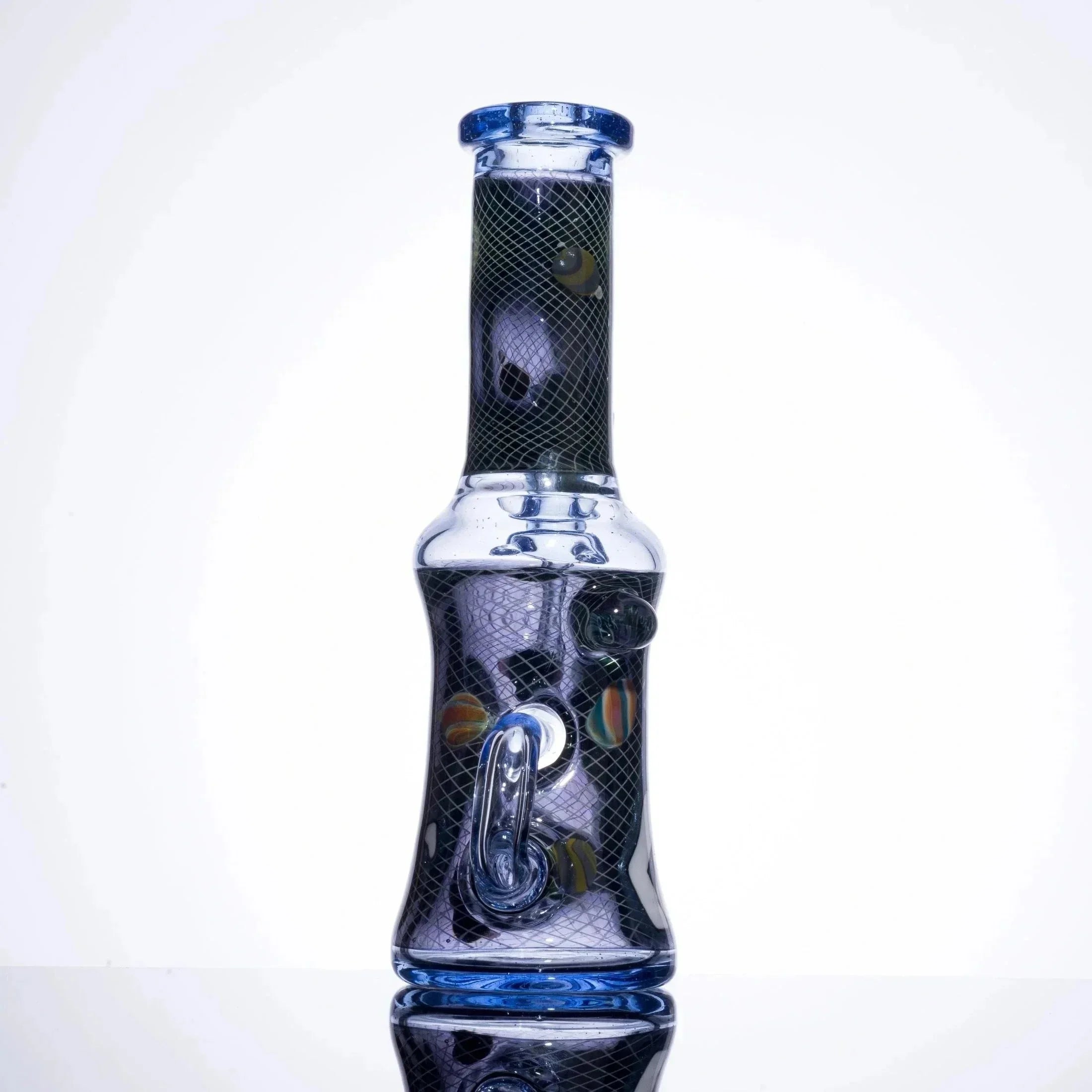 Handblown glass bong with blue accents, mesh design, and colorful inclusions, ideal for heady glass collectors.