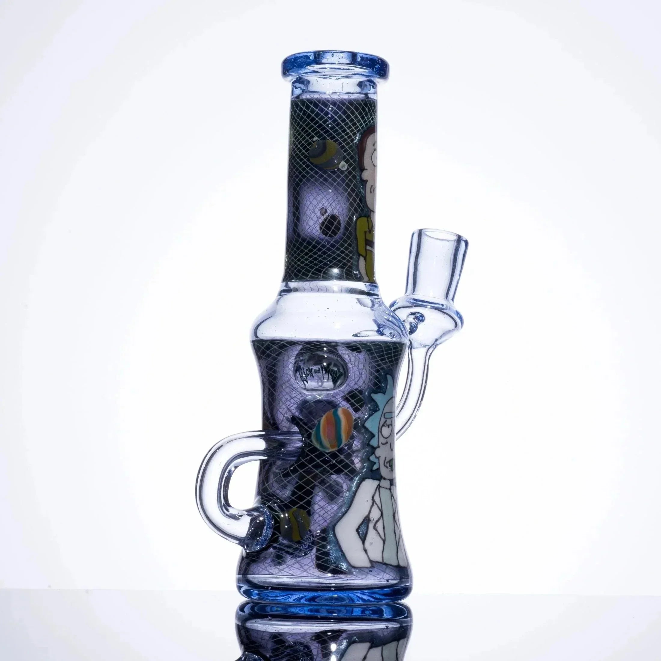 Rick and Morty themed glass bong with blue accents and character artwork, featuring mesh design and colorful planets