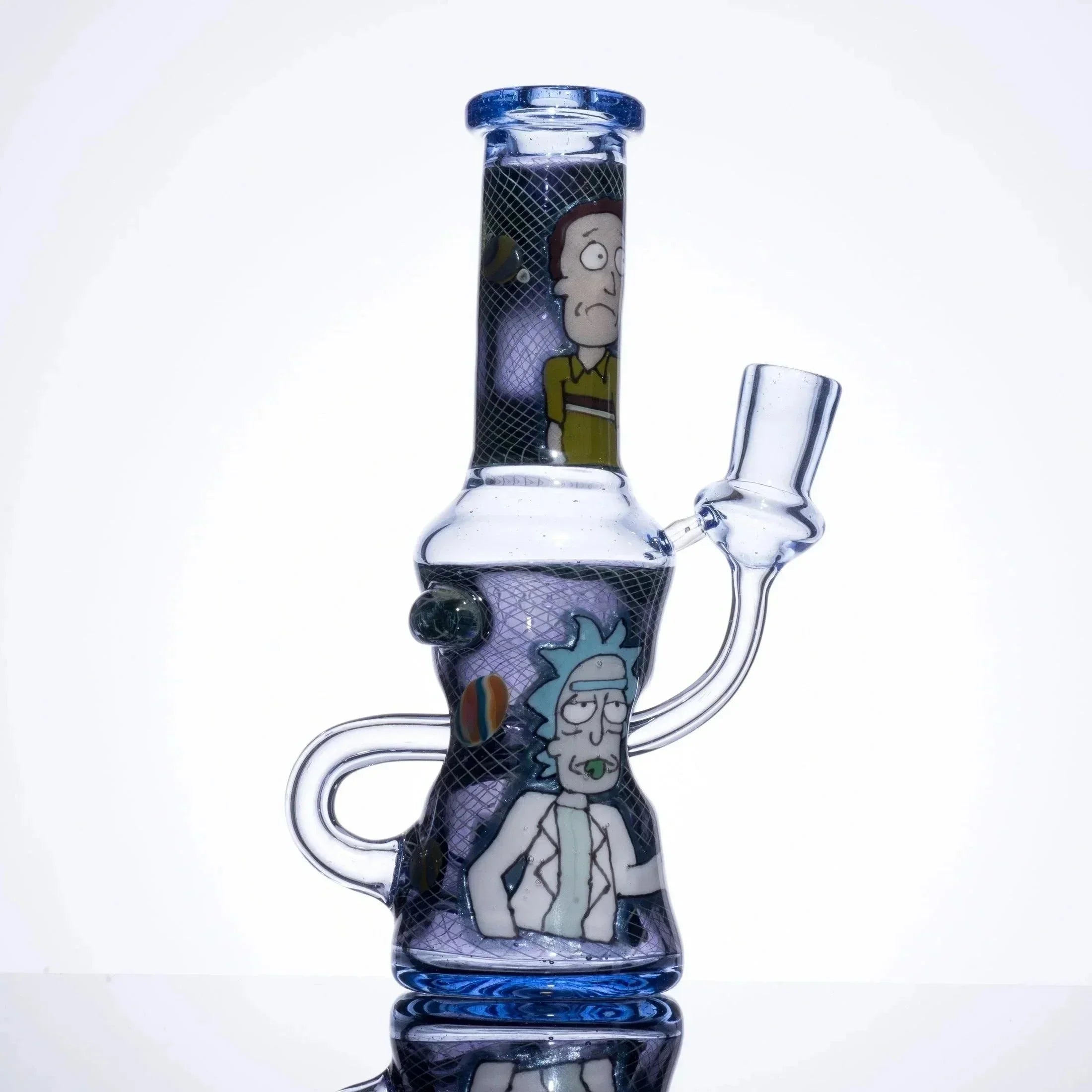 Rick and Morty themed glass bong with character artwork, blue accents, and mesh design