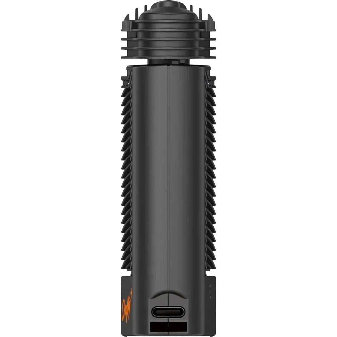 Black portable dry herb vaporizer with ribbed sides and USB-C charging port