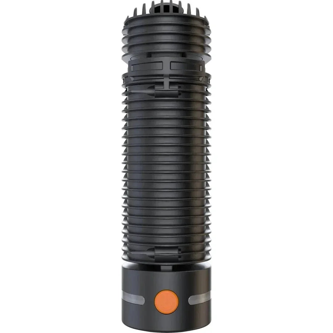 Portable dry herb vaporizer with ribbed black body and orange power button on white background