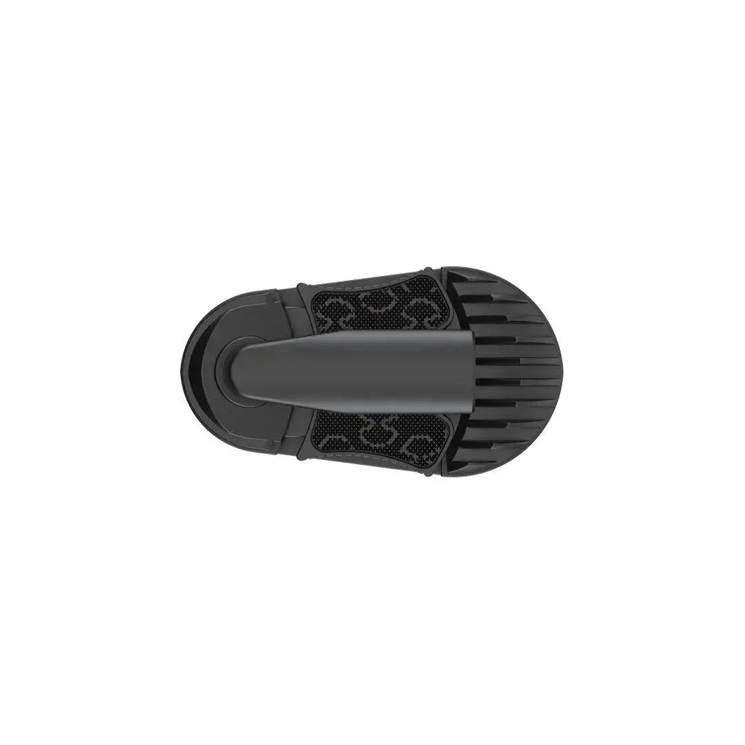 Top view of a portable black vaporizer with textured grip and vented mouthpiece