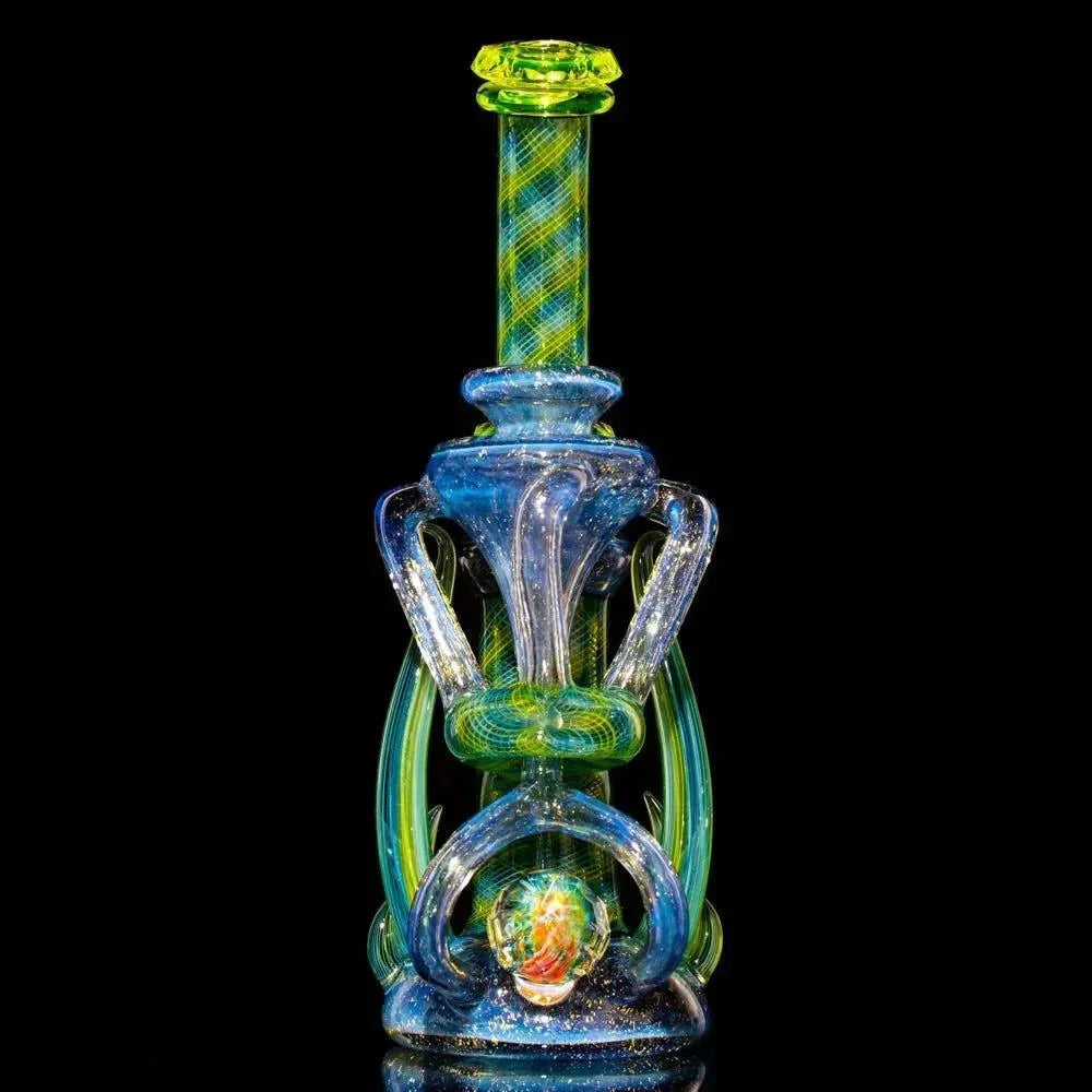 Intricate heady glass water pipe with blue, green, and yellow swirling accents on black background.