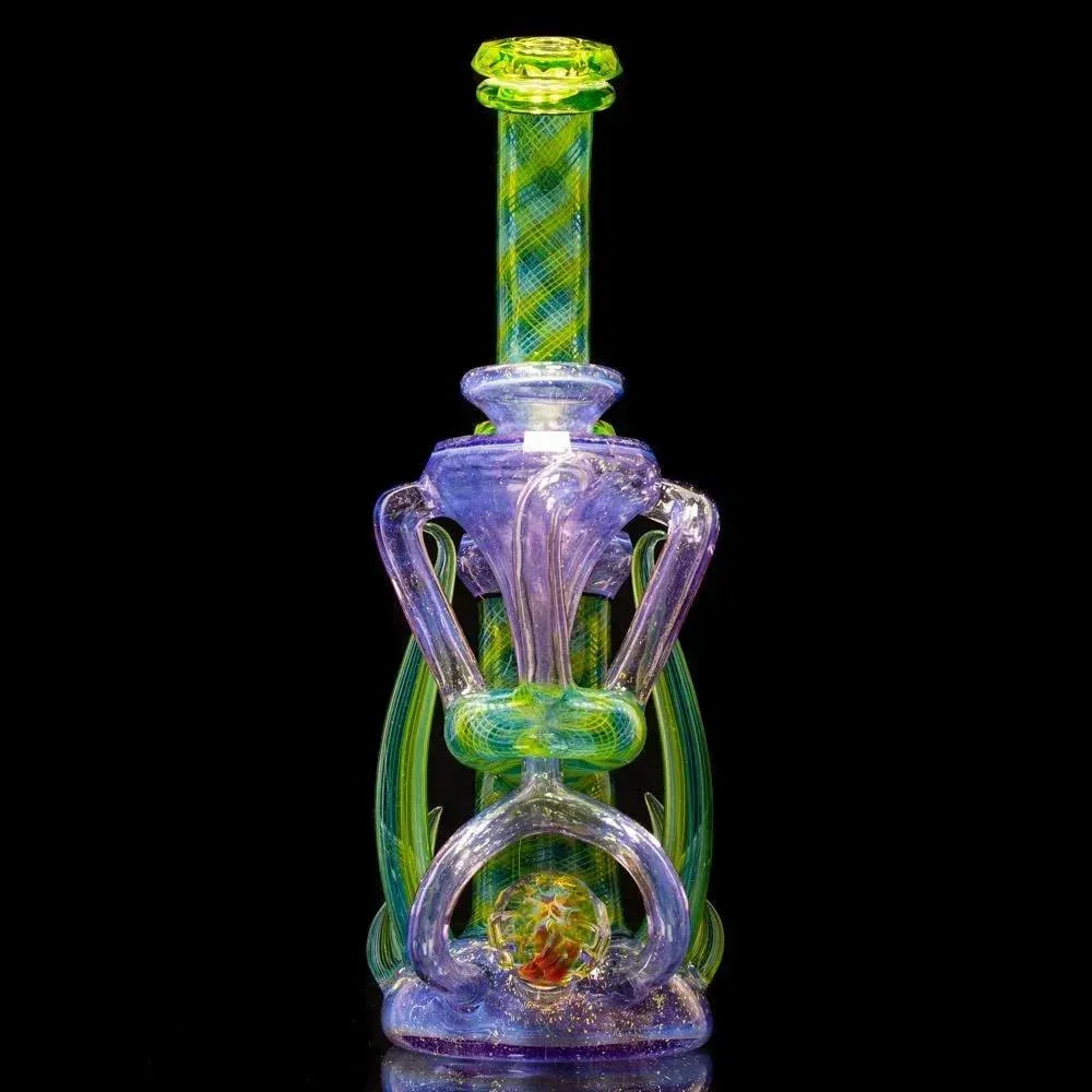 Colorful intricate glass water pipe with swirling patterns and detailed accents