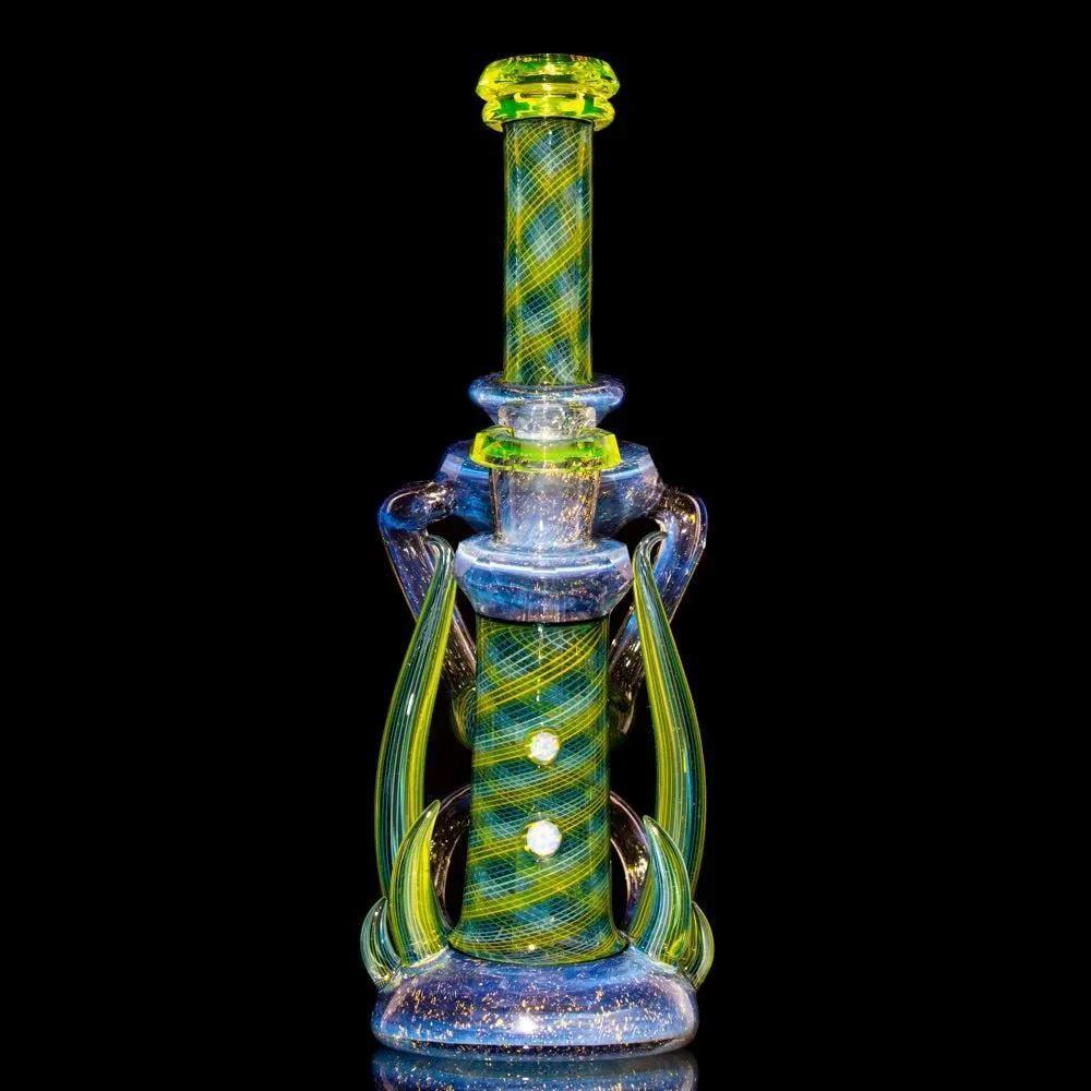 Handblown heady glass water pipe with green and blue swirls, intricate sculpted design