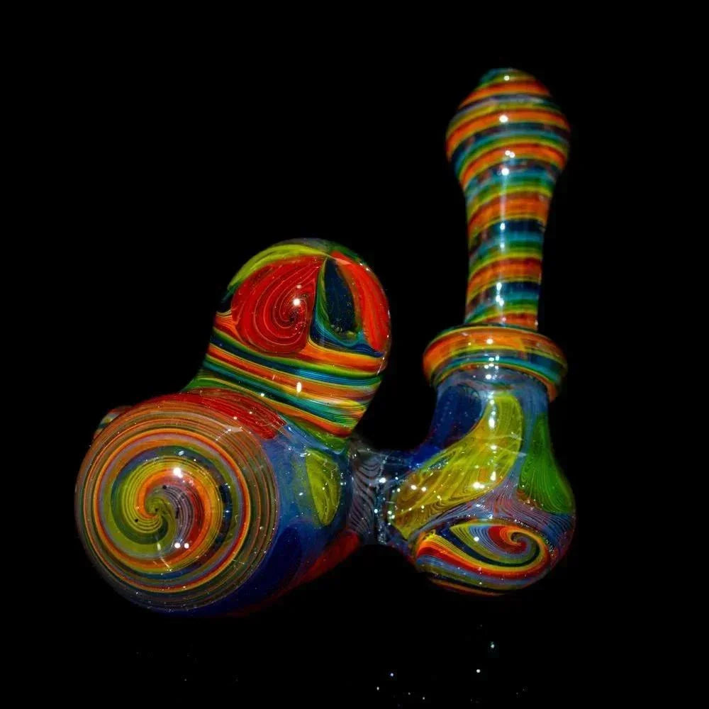 Colorful linework glass sidecar pipe with vibrant swirls on a black background