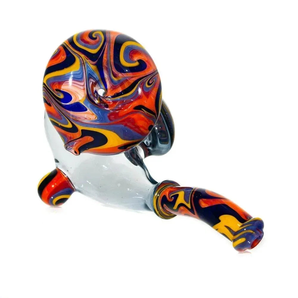Colorful glass sherlock pipe with orange, blue, and yellow swirl pattern accents