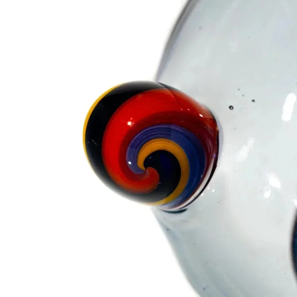 Hand-blown glass sherlock pipe with colorful red, yellow, and blue swirl detail
