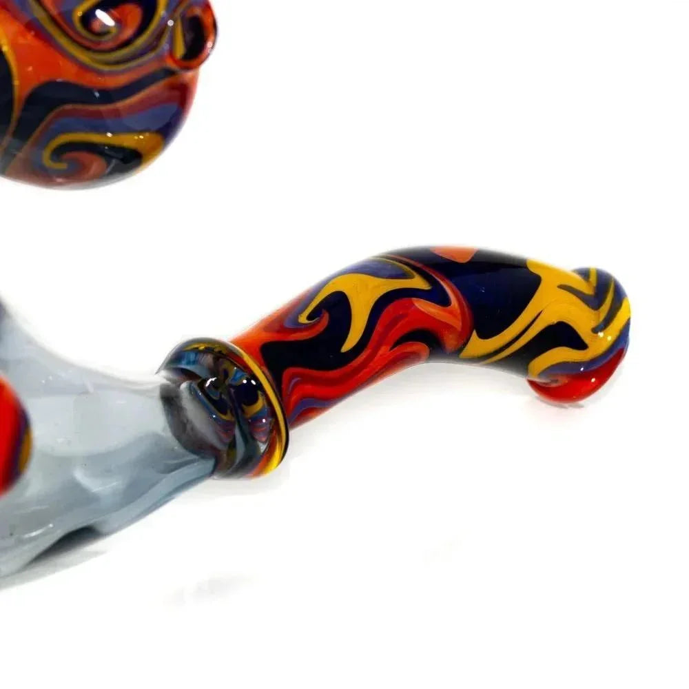 Colorful glass Sherlock pipe with orange, blue, and yellow swirl designs