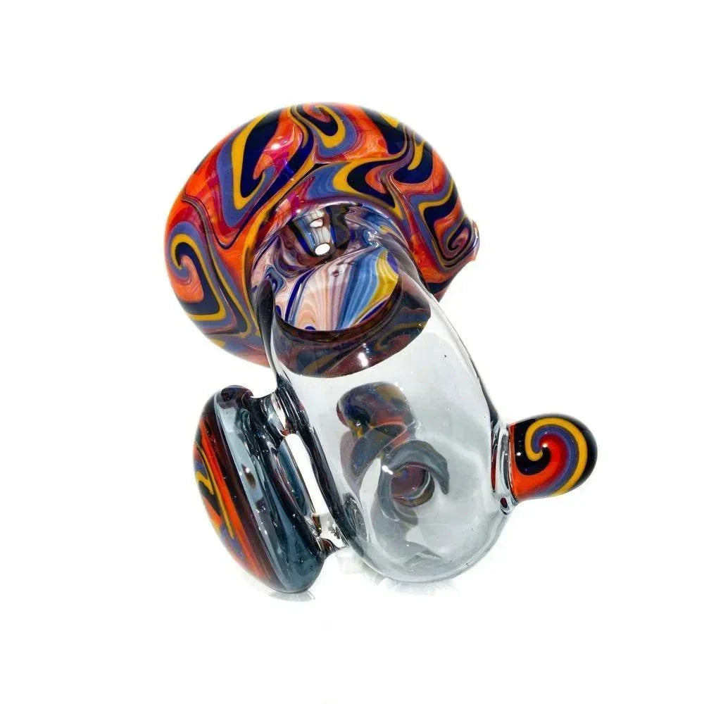 Colorful glass sherlock pipe with orange, blue, and yellow swirl accents