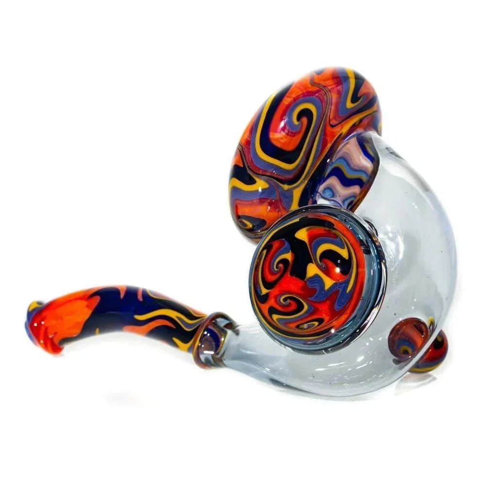 Hand-blown glass sherlock pipe with vibrant orange, blue, and yellow swirl designs