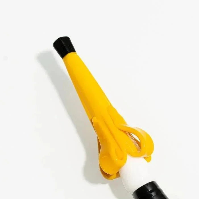 Yellow banana-shaped glass pipe with black mouthpiece, sleek design for smoking accessories