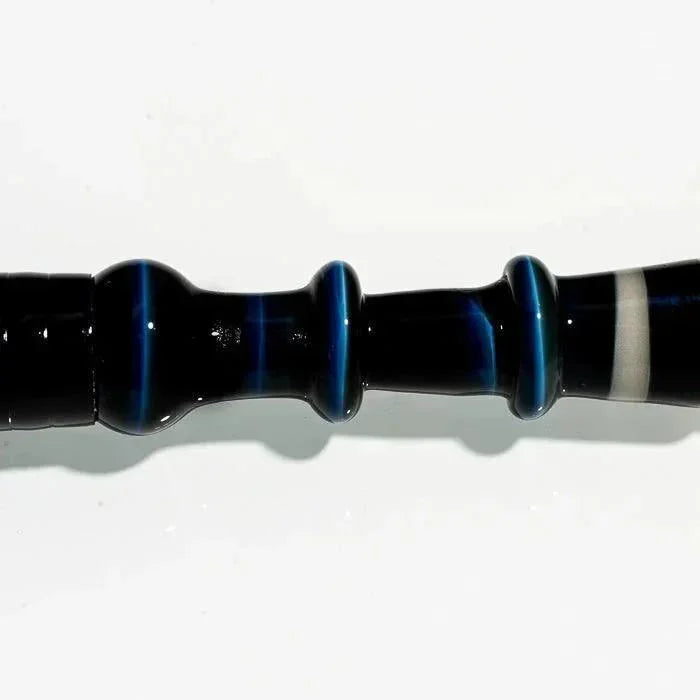 Black glass pipe with blue stripe accents, heady glass design for smoking accessories