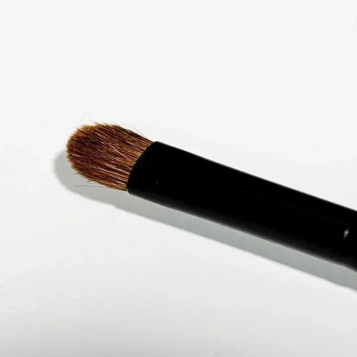Black-handled brush with brown bristles on white background