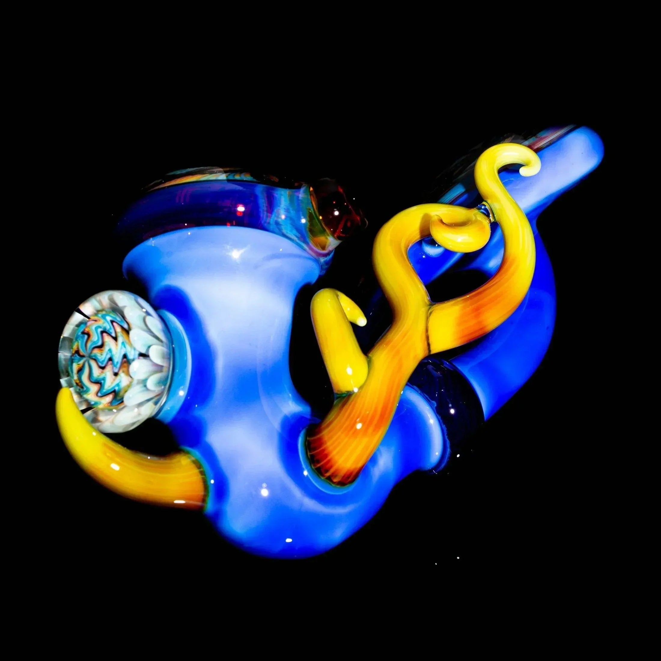 Colorful blue and yellow glass sherlock pipe with intricate lattice and fillacello designs